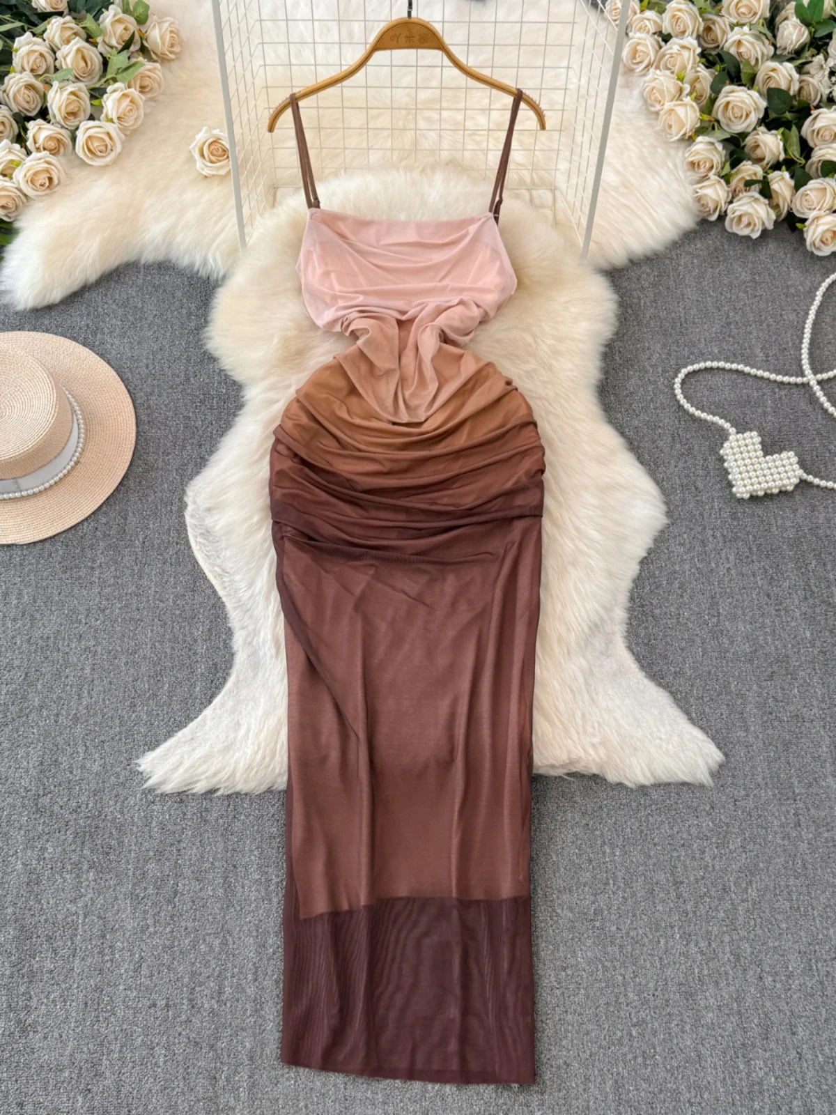 Gradient Ruched Bodycon Dress with Sleeveless Design