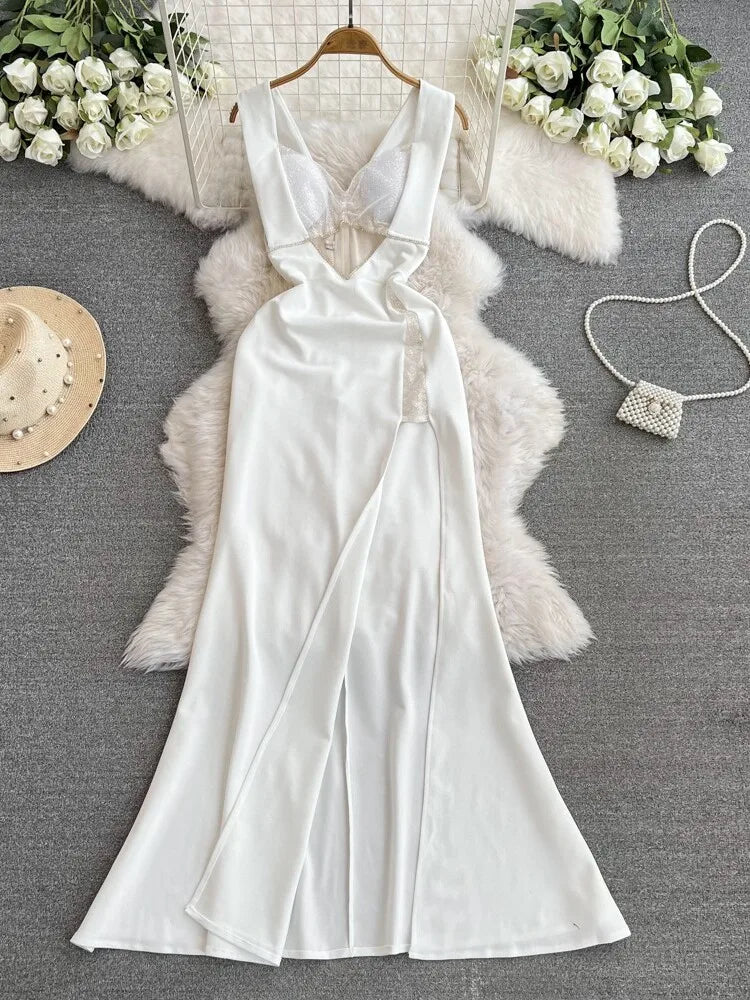 Foamlina Elegant White Evening Party Dress for Women Sexy V Neck Sleeveless Cut Out High Waist Slim Split A-Line Long Club Dress