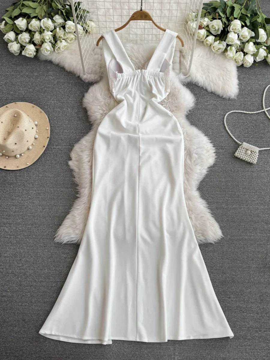Foamlina Elegant White Evening Party Dress for Women Sexy V Neck Sleeveless Cut Out High Waist Slim Split A-Line Long Club Dress