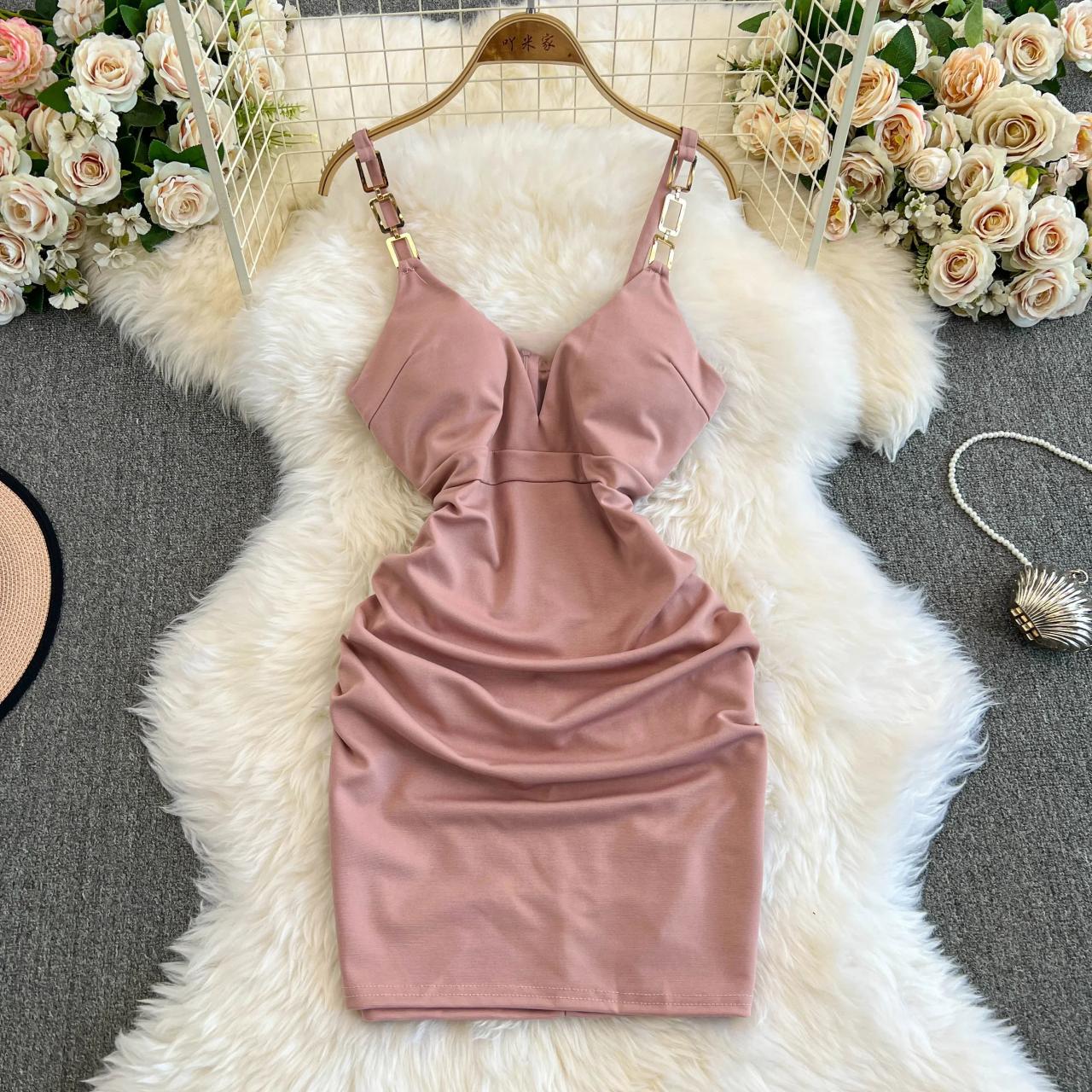 Satin Ruched Bodycon Dress With Gold Straps on Luulla
