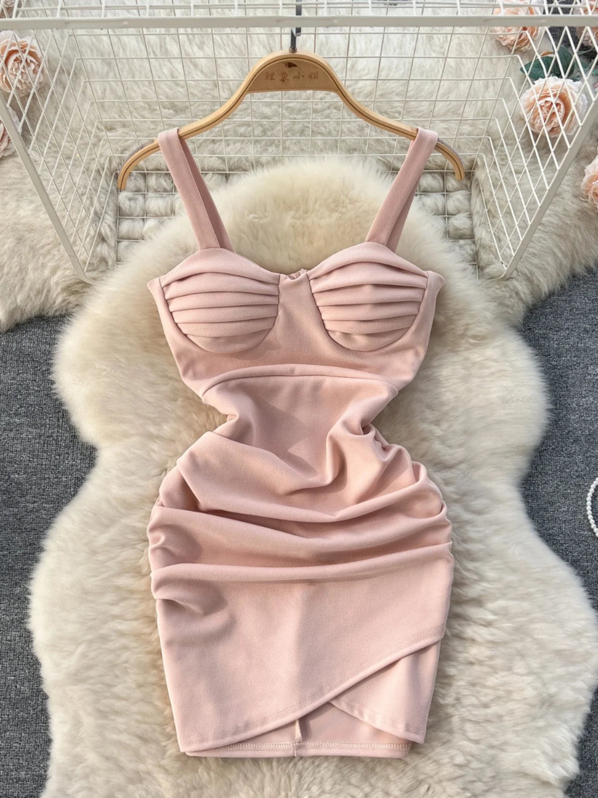 Stunning Ruched Blush Bodycon Dress With Straps