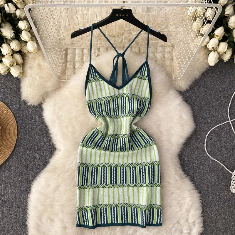 Bohemian Green Striped Halter Backless Summer Dress
