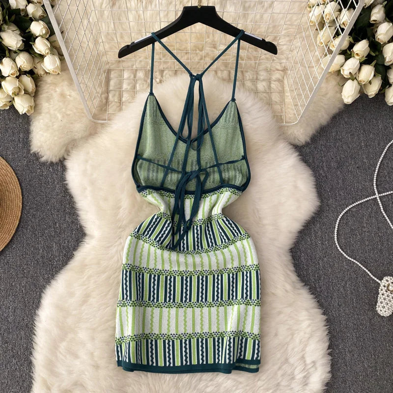 slim fit dress slacks Gracie Kelly Green Striped Halter Mini Dress – Studio 3:19