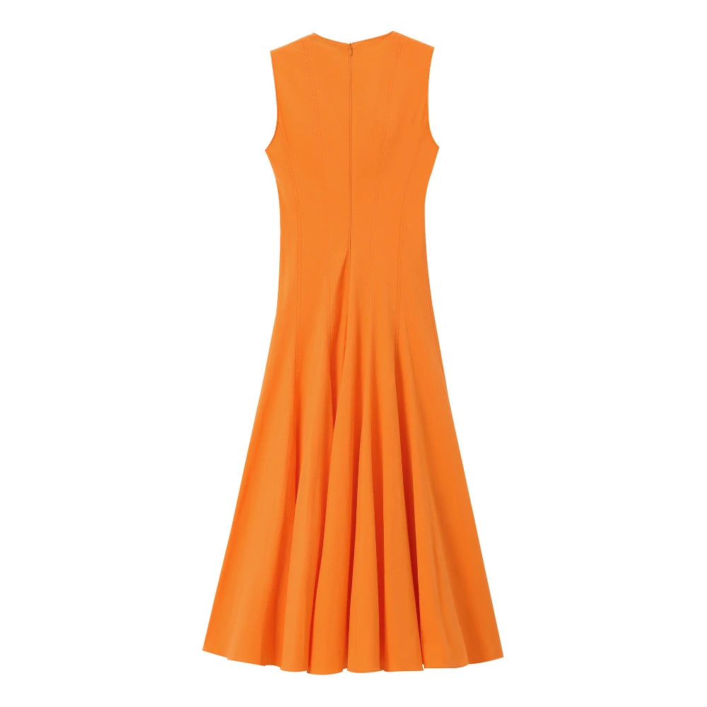 Sleeveless Orange Maxi Dress With Flowy Skirt