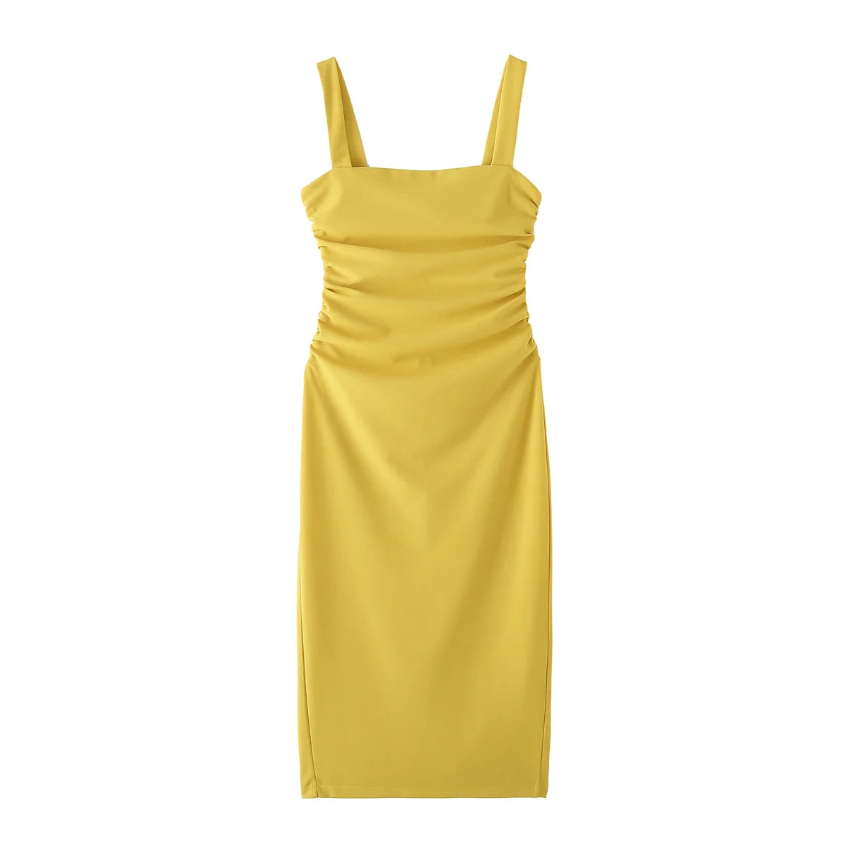 Yellow Sleeveless Midi Dress With Ruched Design