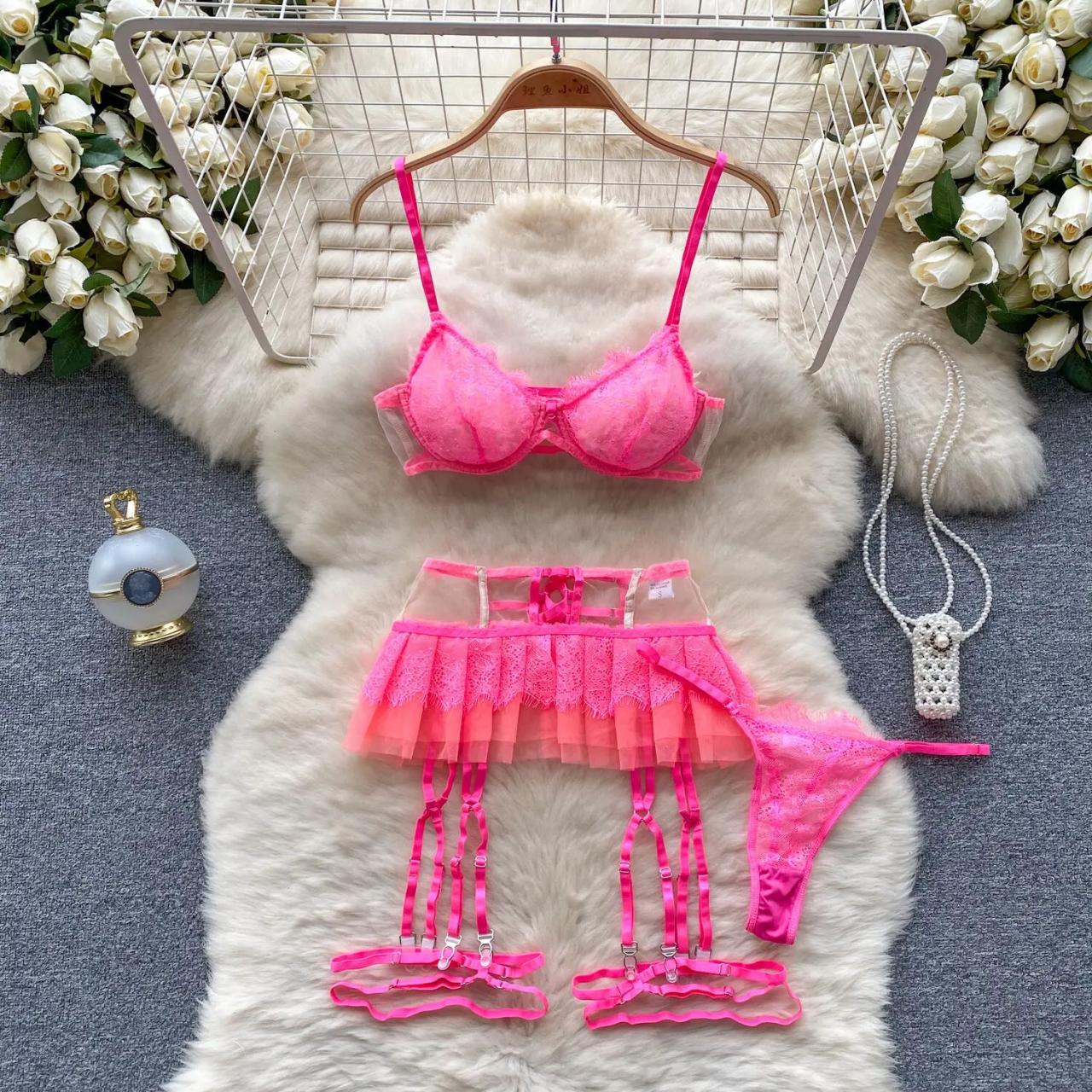 Vibrant Pink Lace Three-piece Lingerie Set on Luulla