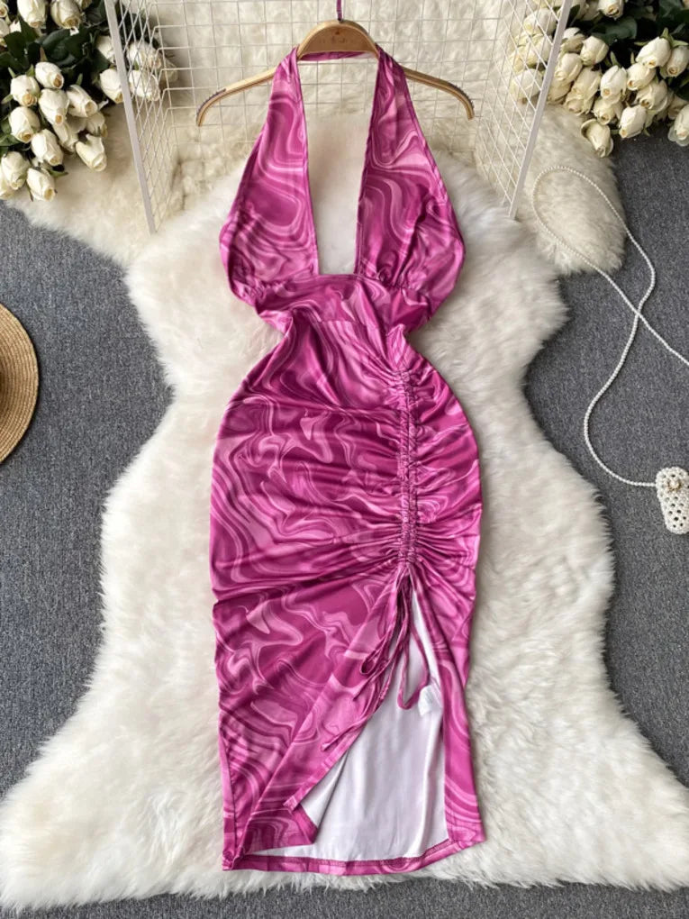 Ruched Pink Satin Halter Dress, Knee-length