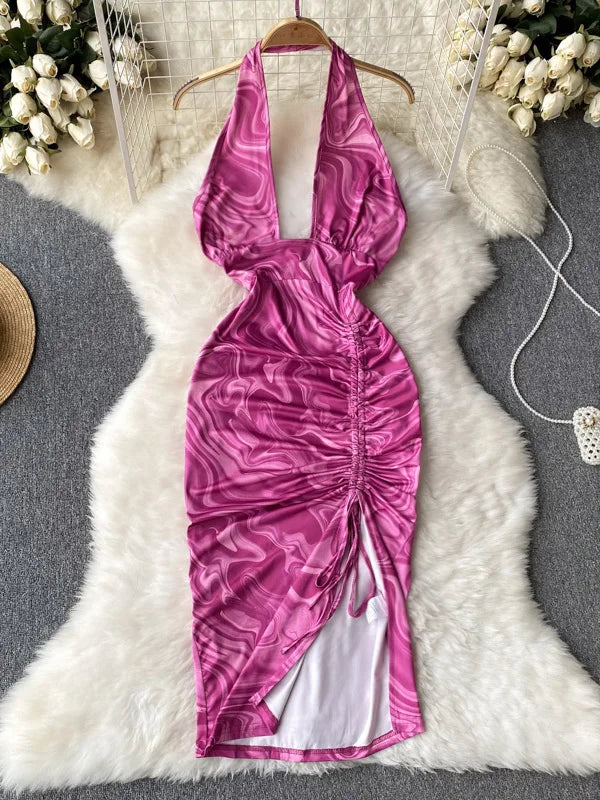 Ruched Pink Satin Halter Dress, Knee-length