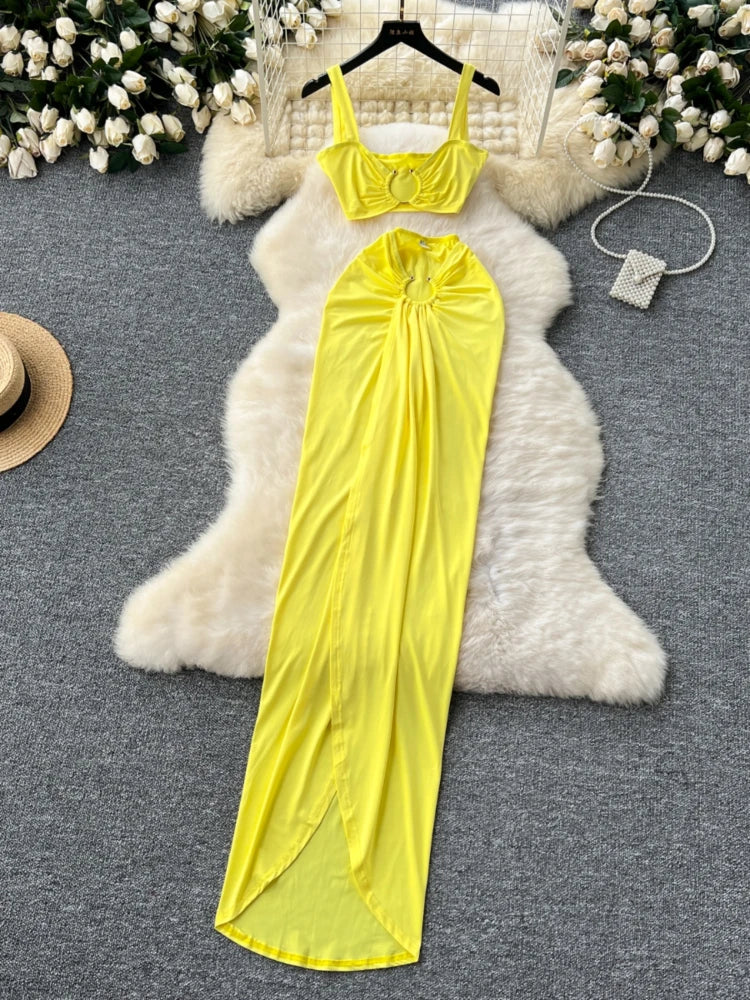 Vibrant Yellow Strapless Maxi Dress With Headband