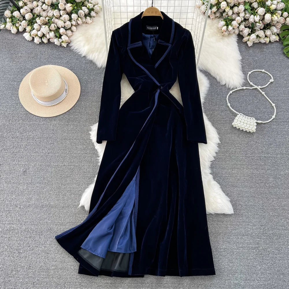 Satin Women's Dress Coats Black Satin Lapel Women's Long Jacket Dress  Suit Formal Ladies