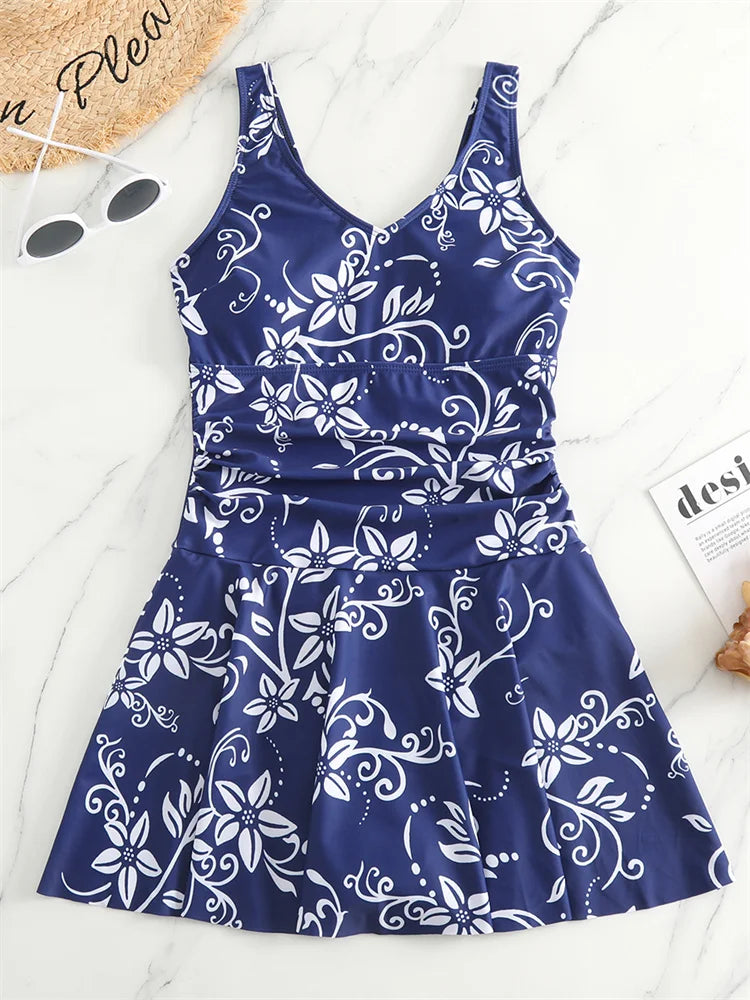 Floral Print V-Neck Sleeveless Swim Dress