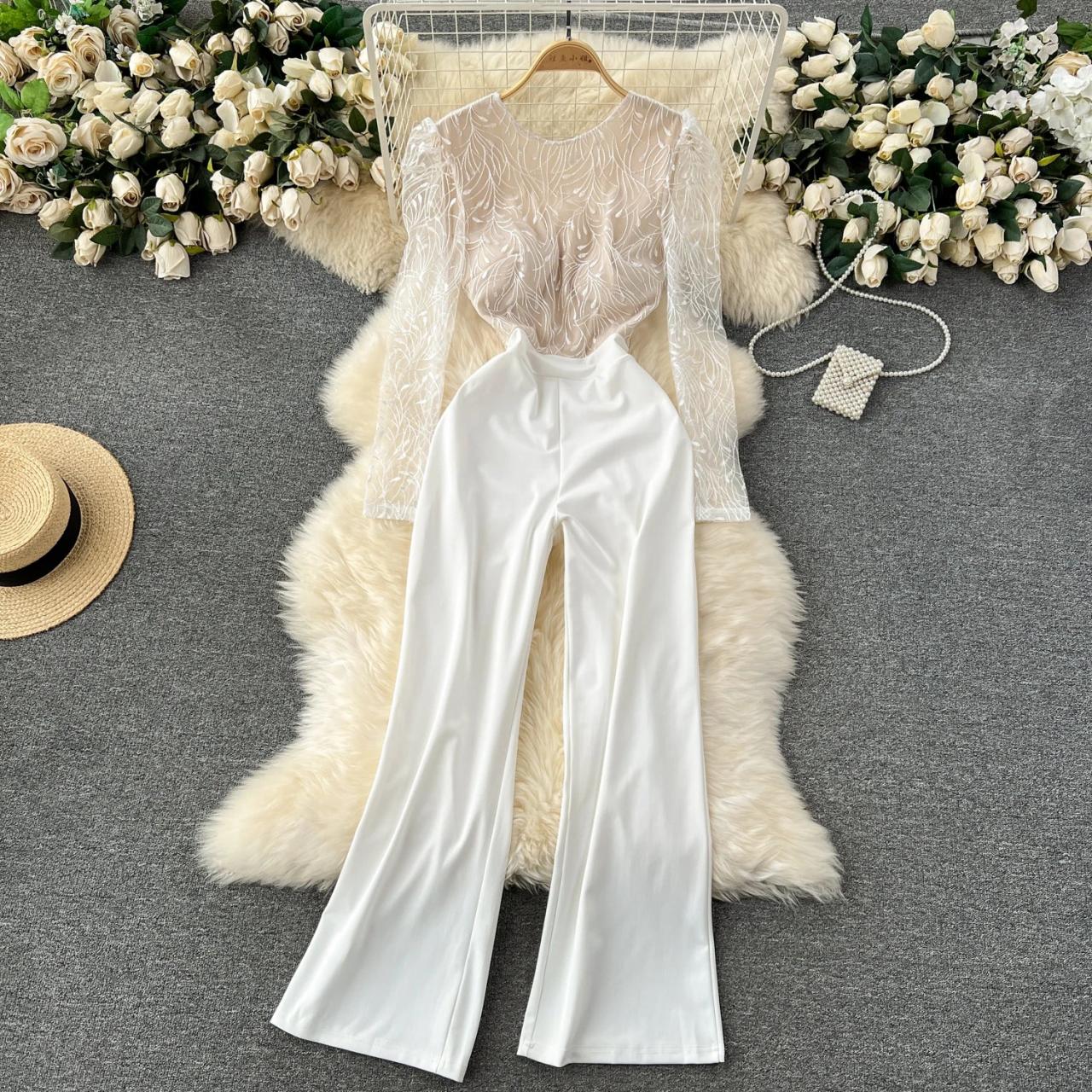Sheer Lace Bodysuit With Flare Trousers
