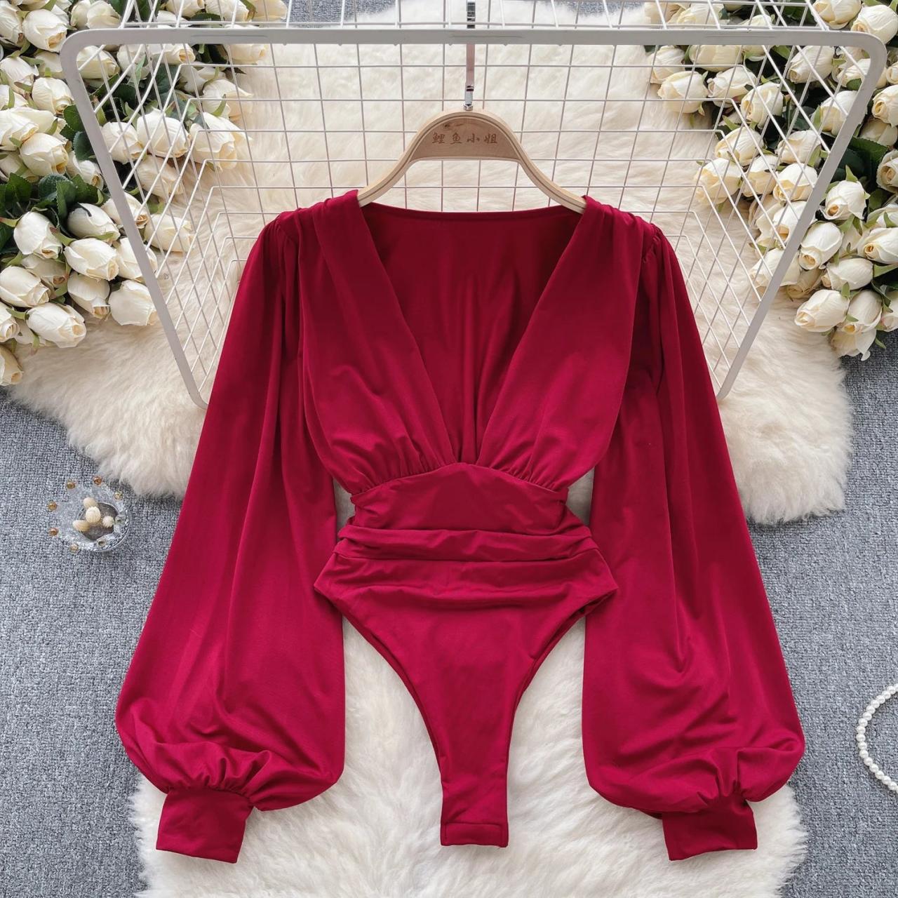 V-neck Long Sleeve Silk Blouse Bodysuit on Luulla