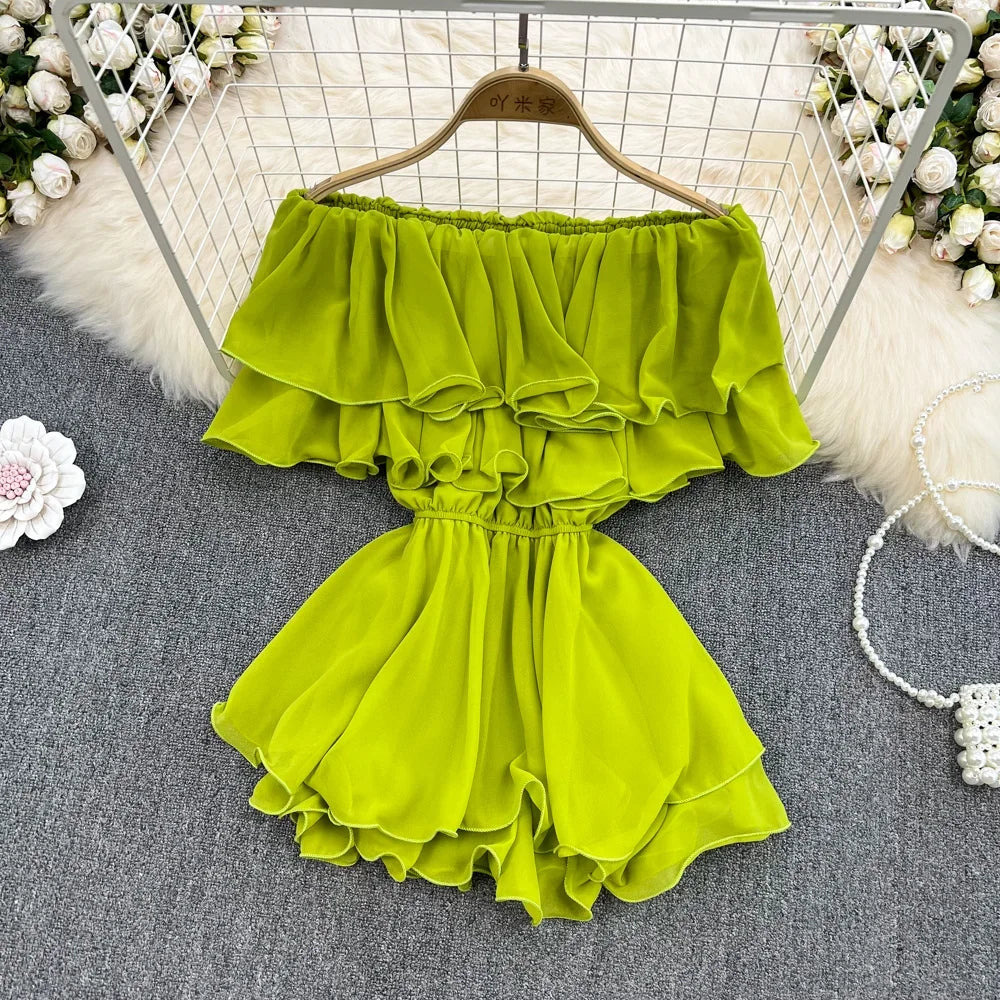 Off-shoulder Green Ruffled Dress With Elastic Waist on Luulla