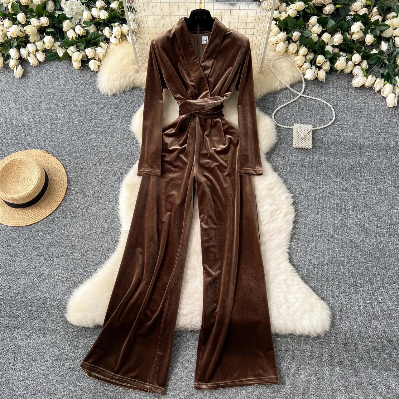Luxurious Brown Velvet Wrap Jumpsuit With Belt