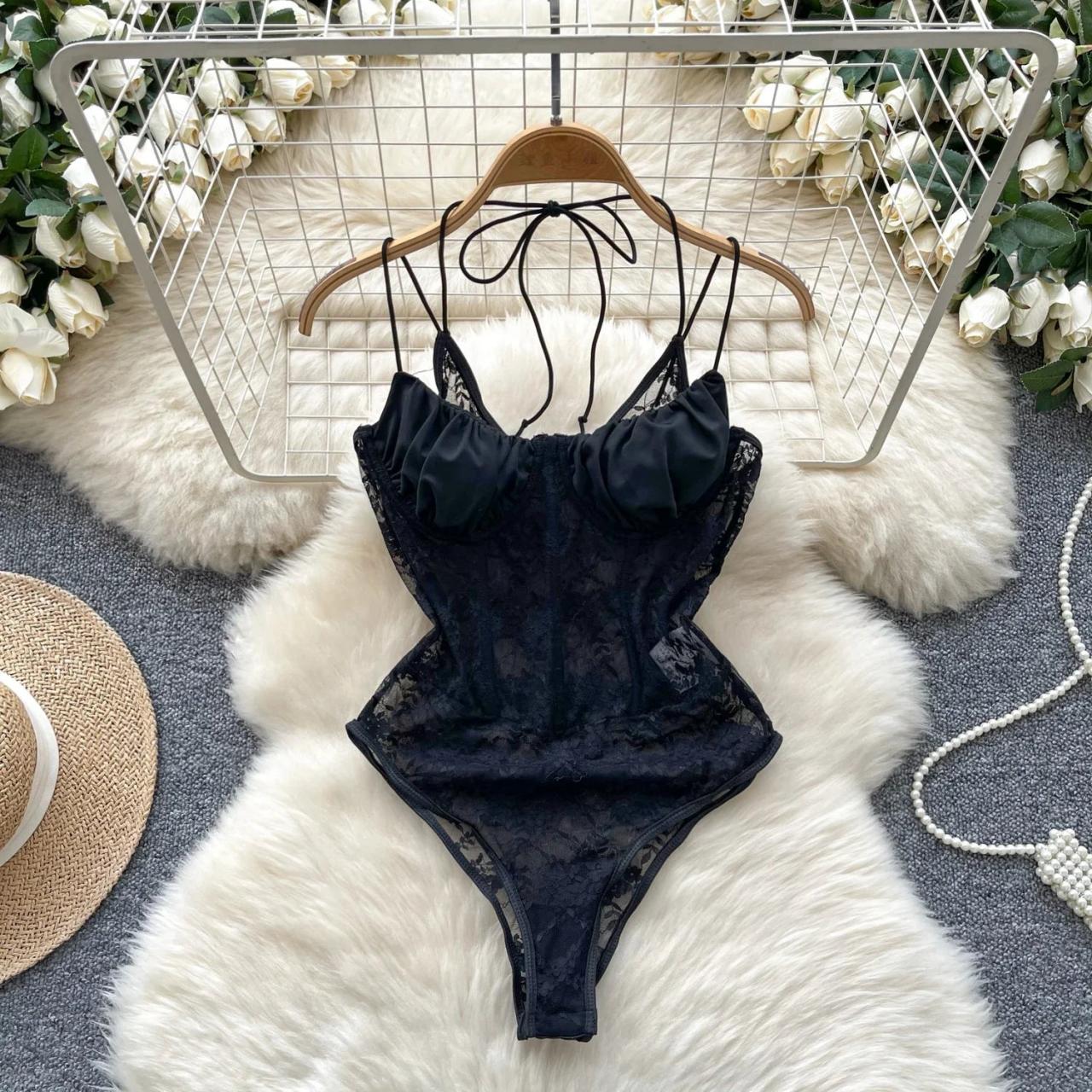 Lace Backless Halter Black Bodysuit For Women on Luulla