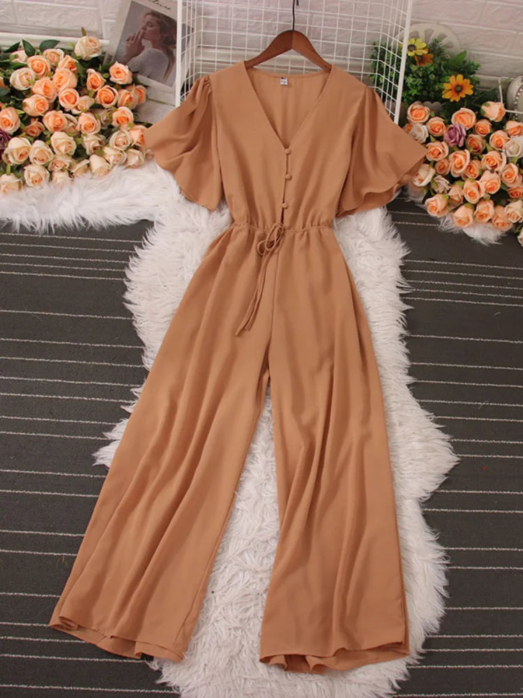 Womens Mustard Button-front Wide-leg Jumpsuit on Luulla