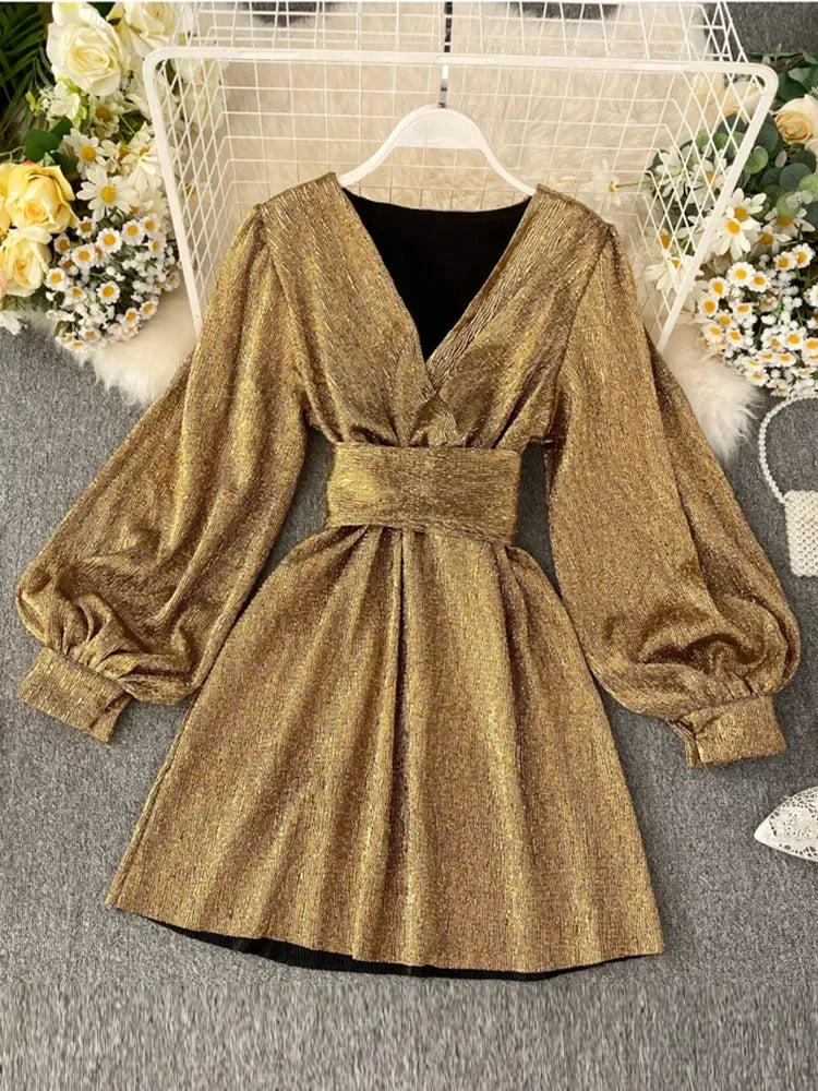Shimmering Gold Dress With Puff Sleeves