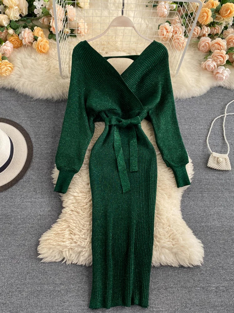 Emerald Green Knitted Dress With Belted Waist on Luulla