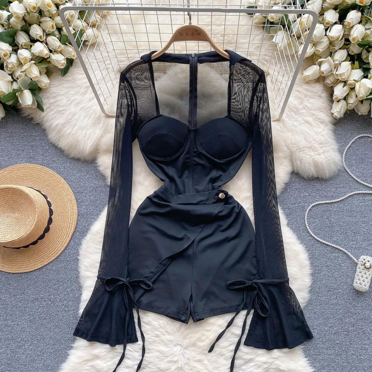 Stylish Black Mesh Long Sleeve Romper Dress on Luulla