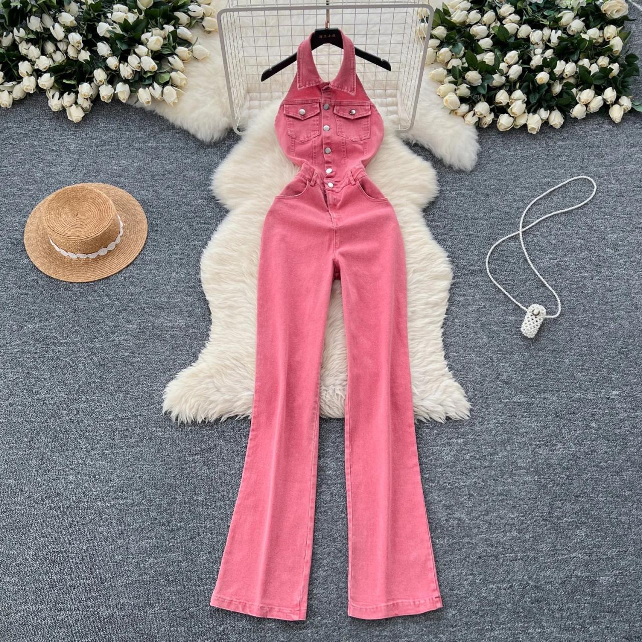 Pink Flare Overalls With Button Front Design on Luulla