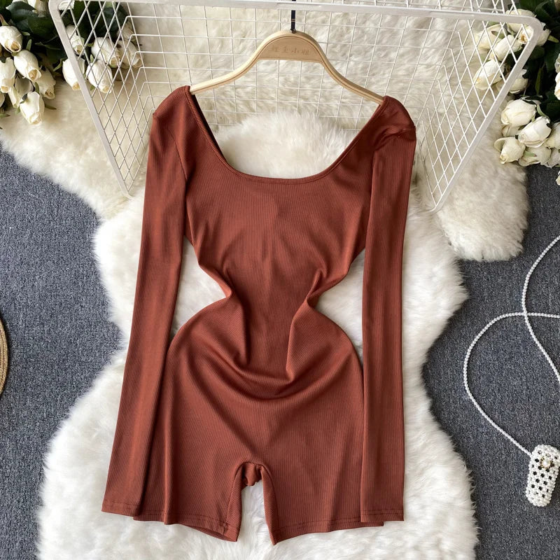 Ribbed Long-sleeve Bodycon Jumpsuit For Women