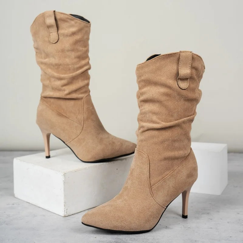 Womens Suede Mid-calf Slouchy High Heel Boots on Luulla