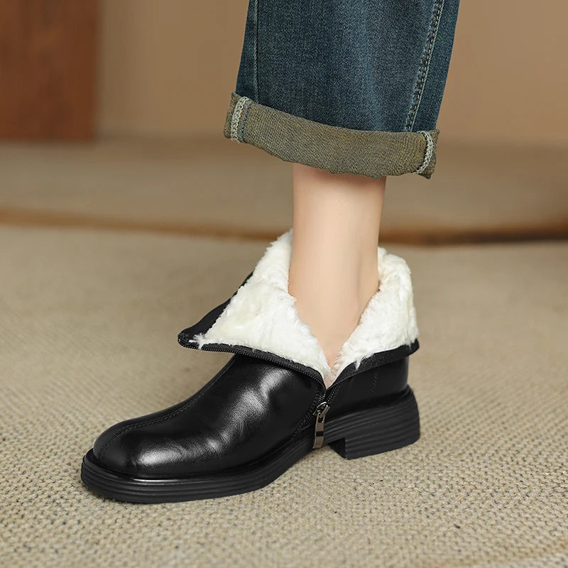 Womens Black Leather Boots With Faux Fur Lining