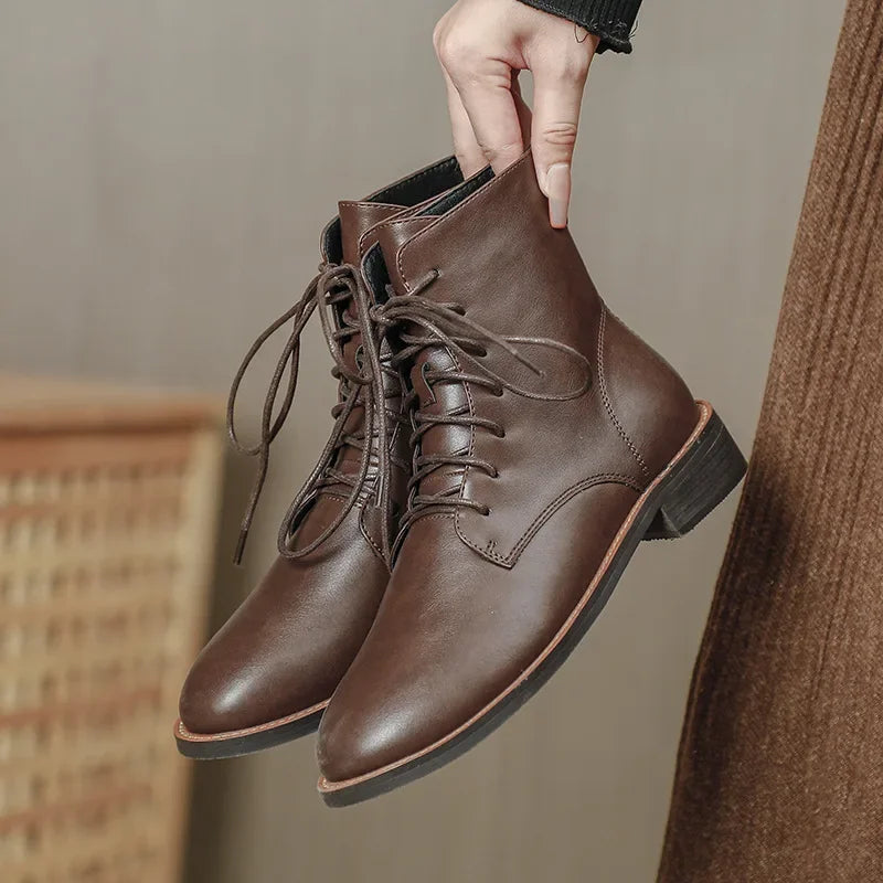 Womens Brown Leather Ankle Boots Lace-up Design