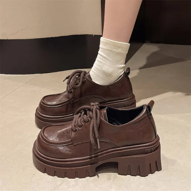 Chunky Brown Platform Shoes With Thick Laces