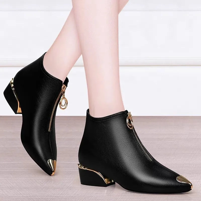 Black Ankle Boots With Gold Toe Zipper