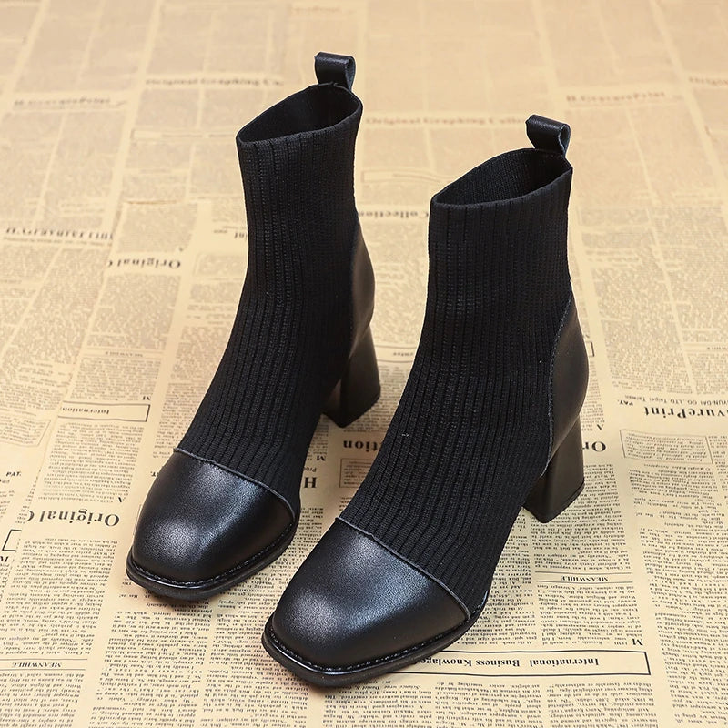 Black Sock Boots With Chunky Block Heels