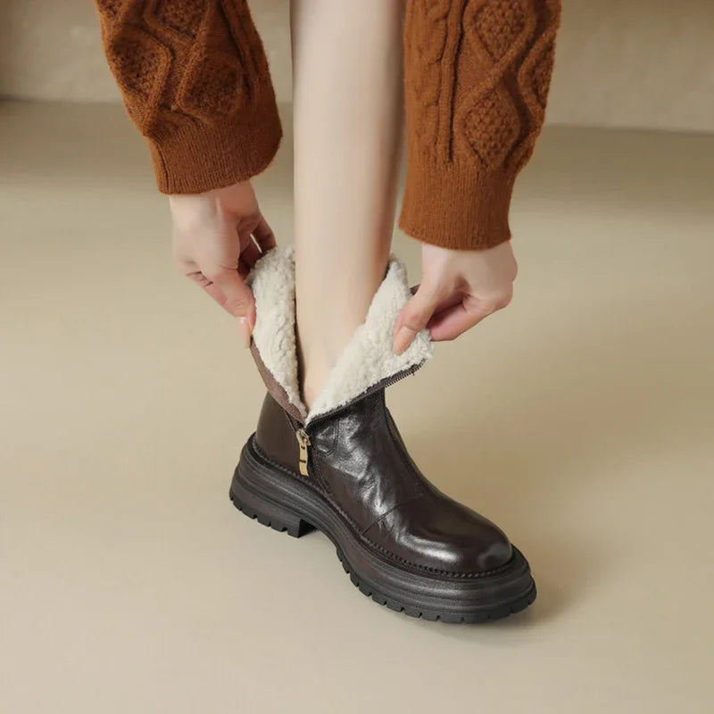 Womens Shearling Lined Leather Zipper Ankle Boots