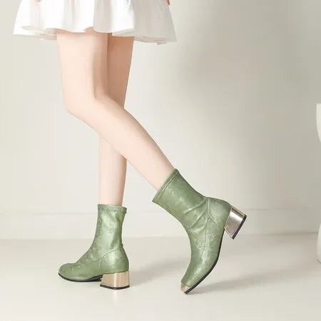 Green Metallic Ankle Boots With Block Heels