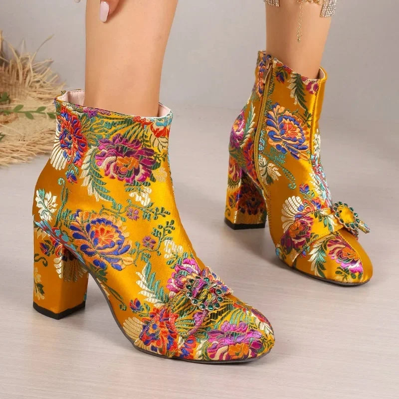 Vibrant Floral Embroidered High-top Block Heel Boots