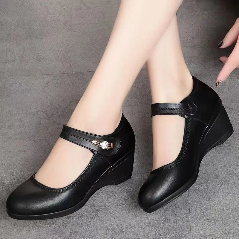 Black Mary Jane Wedge Heels With Buckle