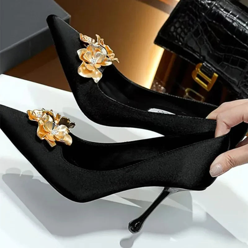 Black Satin Heels With Gold Floral Embellishments