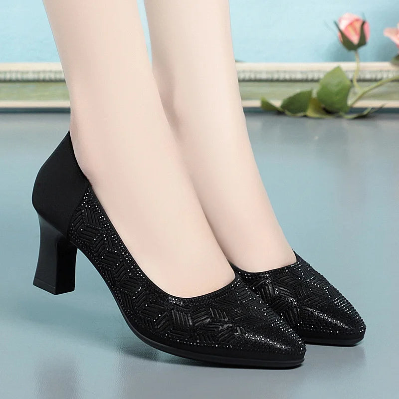 Black Beaded Block Heel Comfortable Womens Shoes