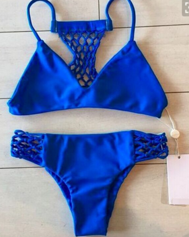 Blue Net Hollow Out Bikinis Two Piece Suit