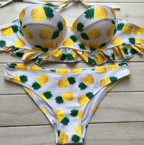 Pineapple Print White Two-piece Bikini Featuring Ruffle Hem