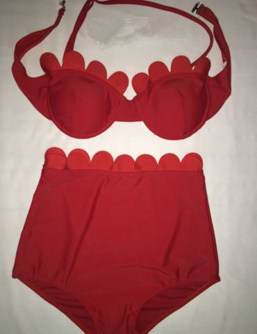 Red Scalloped High Wasit Two Piece Cute Bikinis