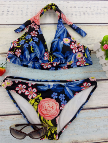 Fashion Floral Flower Blue V Tow Piece Bikinis Bath Suit