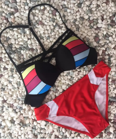 Colorful Stripe Cross Net Polyline Two Piece Contrast Join Bikinis Swimwear Bathsuit