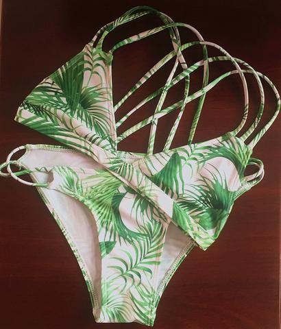 Green Leaf Back Polyline Cross Two Piece Print Polyline Back Cross Bikinis Swimwear Bathsuit