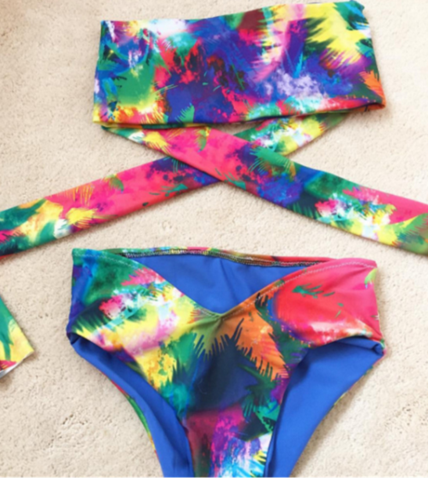 Fashion Print Colorful Strapless Cross Two Piece Bikinis Swimwear Bathsuit 2016 Style