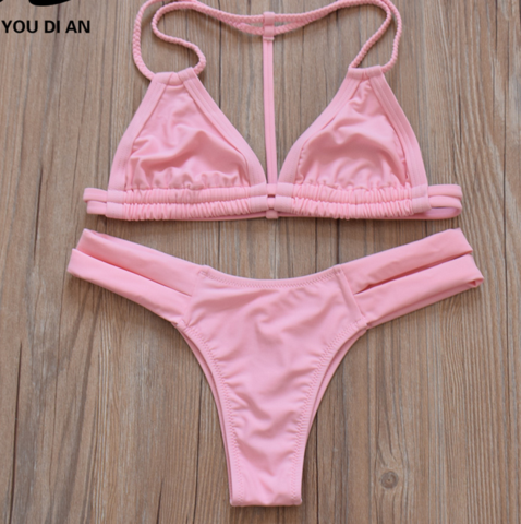 Pink Two Piece Pure Color Bikinis Swimwear Bathsuit