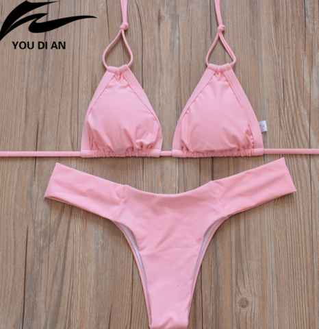 Cute Pink Pure Color Bikinis Swimwear Bathsuit