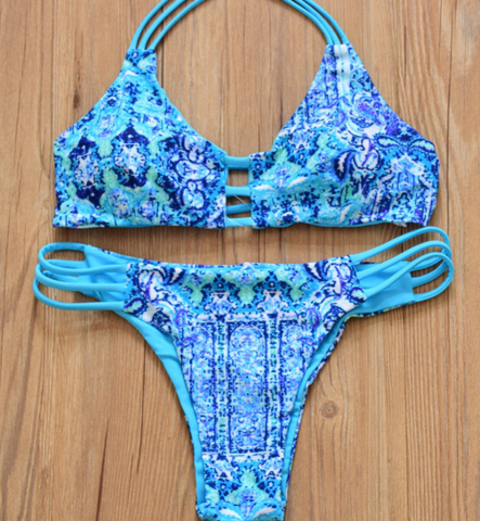 Cute Blue Printed Reversible Bikini Set Swimwear Bathsuit