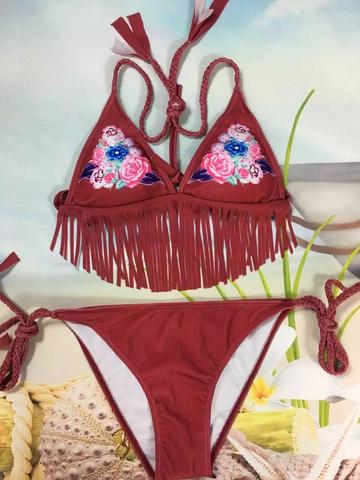 Red Two-piece Braided Halter Bikini Featuring With Floral Print, Fringes And Tassel Side Strings