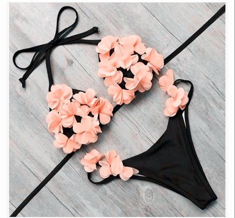 Sexy Bikini Split Ladies Swimsuit Flowers Layered Pink Layered Two Piece Bikini